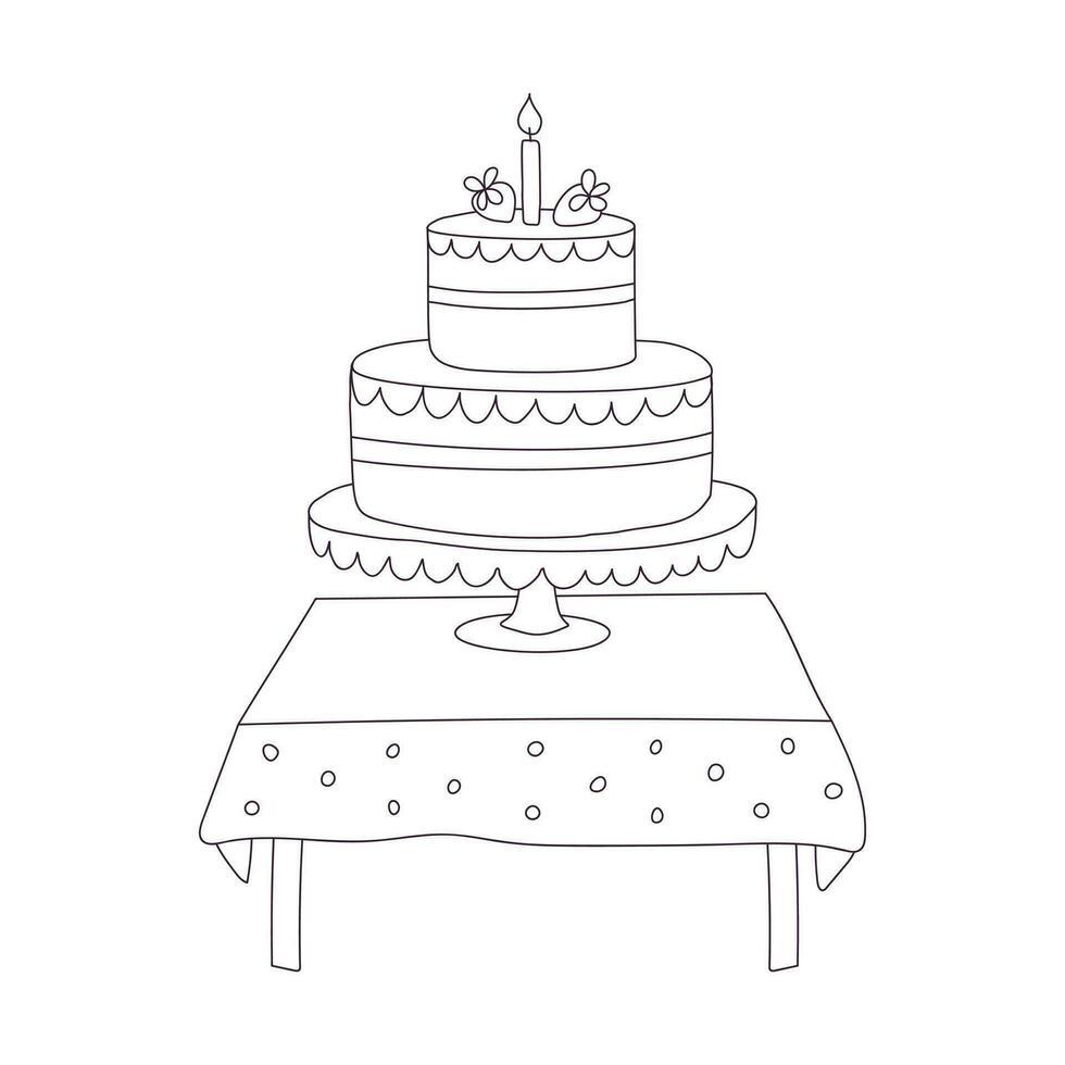 mão desenhado aniversário bolo com velas em a mesa com toalha de mesa. doce comida, sobremesa. símbolo do celebração. esboço rabisco vetor Preto e branco ilustração isolado em uma branco fundo