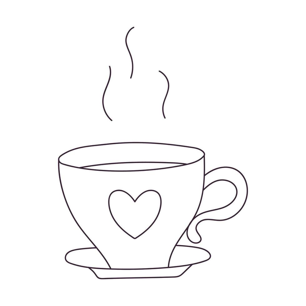 mão desenhado copo do chá. quente beber dentro caneca com coração. esboço rabisco vetor Preto e branco ilustração isolado em uma branco fundo.