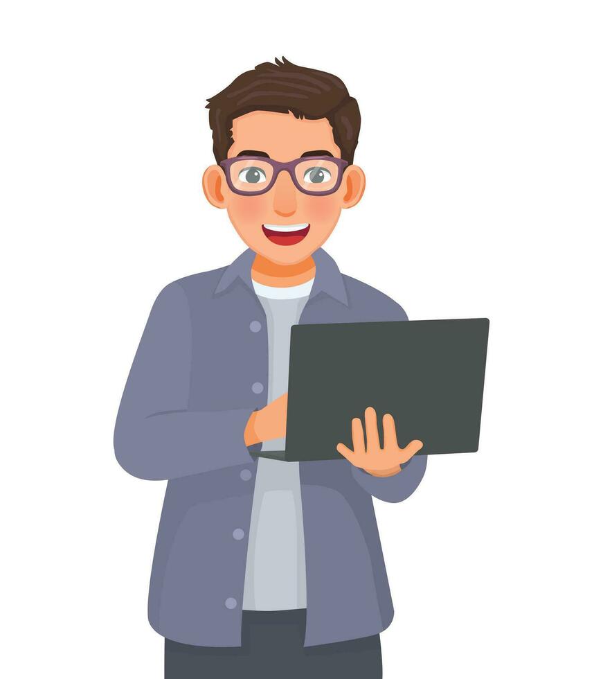 jovem homem de negocios com óculos usando computador portátil vetor