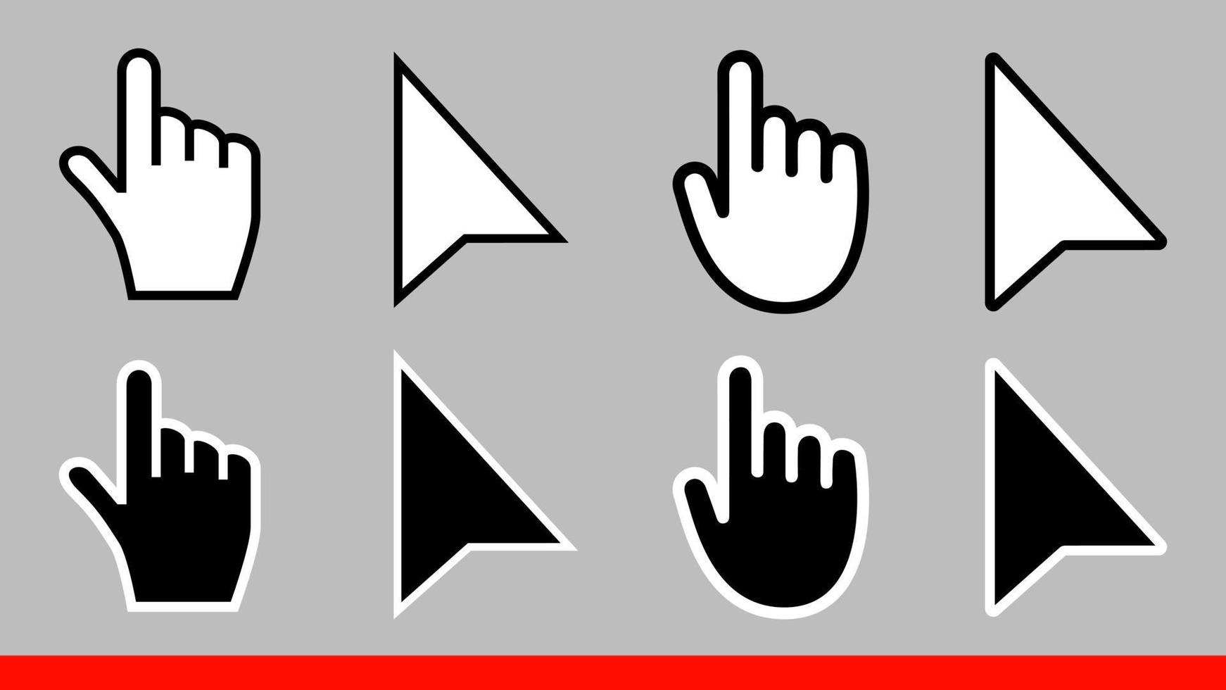 8 seta preto e branco nenhum pixel mouse mão cursores ícones ilustração vetorial definir design de estilo plano isolado no fundo branco. vetor