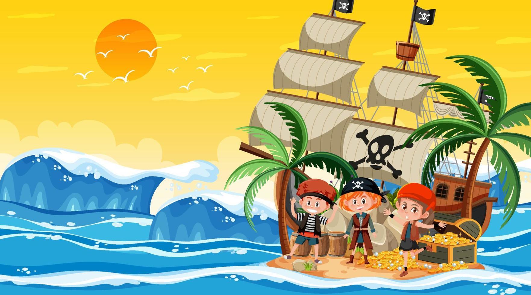 cena da ilha do tesouro na hora do pôr do sol com crianças piratas vetor