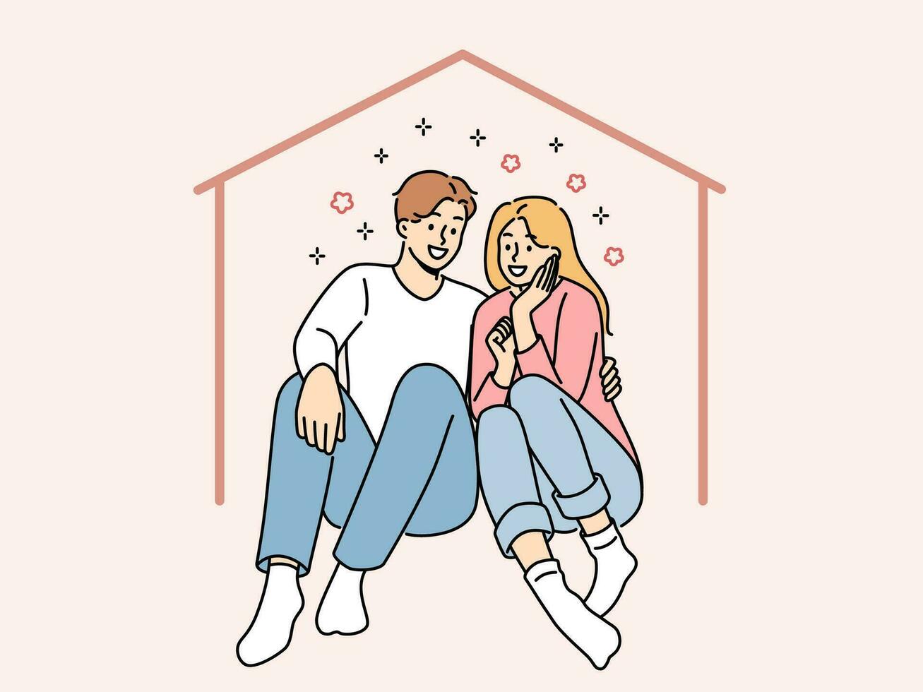 feliz casal senta dentro imaginário casa sonhando do hipoteca e comprando próprio propriedade ou alugando ampla apartamento. homem e mulher abraçando dentro casa, usando Serviços do real Estado seguro vetor