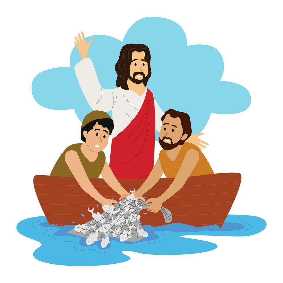 Jesus e dele primeiro discípulos simon Peter e Andrew quem estavam pescadores, Jesus realizado uma milagre para simon Peter e Andrew de pegando muitos peixe dentro a mar vetor