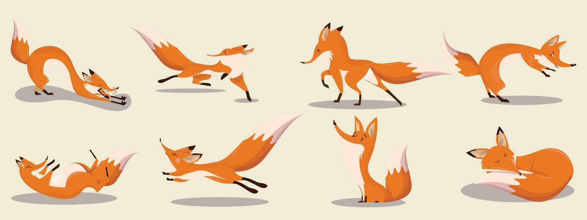 conjunto do fofa desenho animado raposas. emocional pequeno animal. coleção do fofa vermelho raposas.. plano vetor ilustração isolado em amarelo fundo.