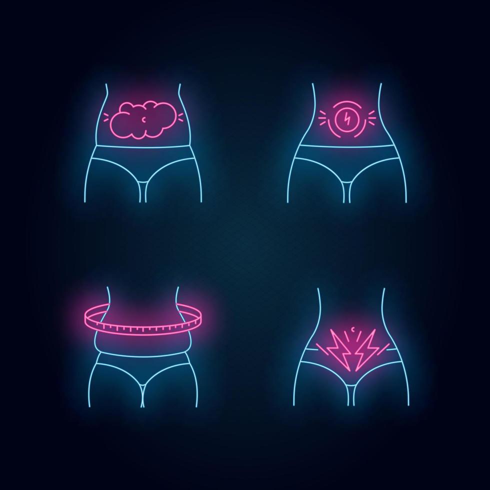 conjunto de ícones de luz de néon para dor abdominal vetor