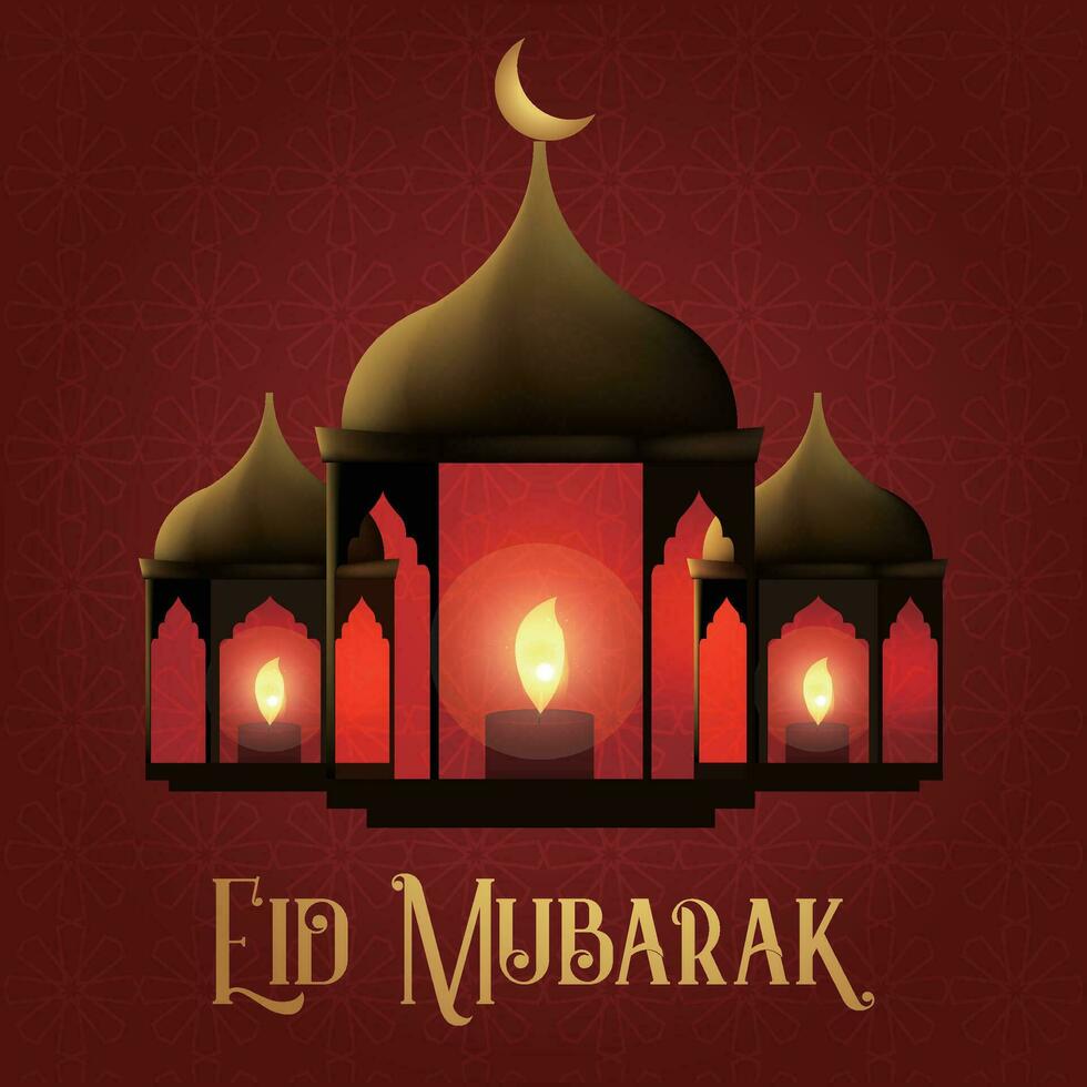 eid Mubarak cumprimento cartão com mesquita e lanternas vetor ilustração