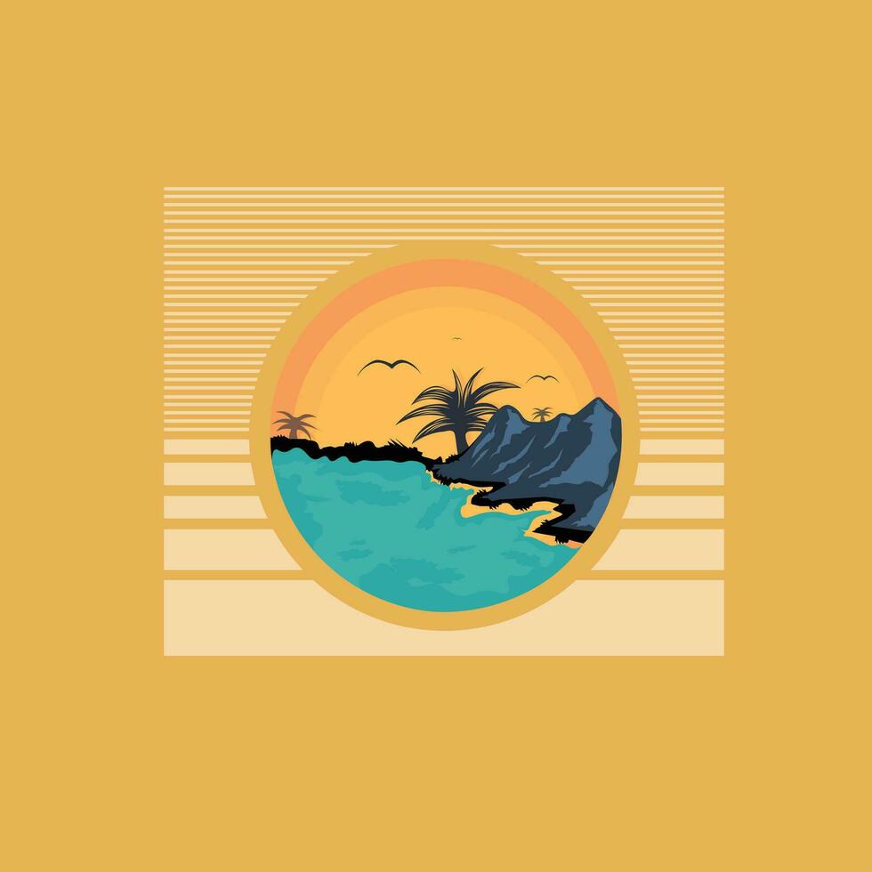 gráfico ilustrações ou logotipos com a conceito do uma cena quando a pôr do sol vem ou afunda dentro a meio do a oceano pode estar usava para roupas vestuário ou logotipo projetos. vetor