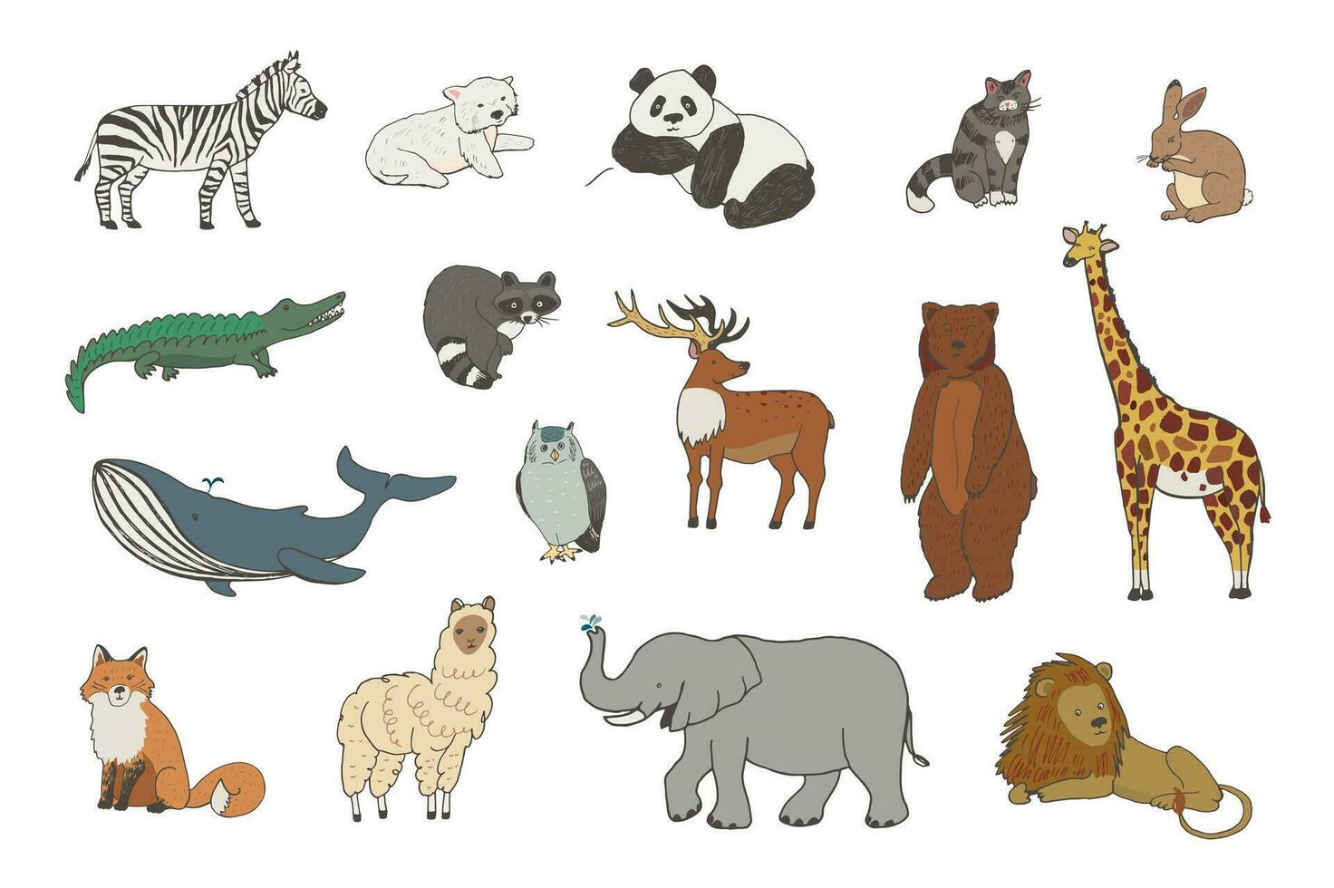 uma coleção do animais, Incluindo uma zebra, girafa, elefante, rinoceronte, e leão. vetor