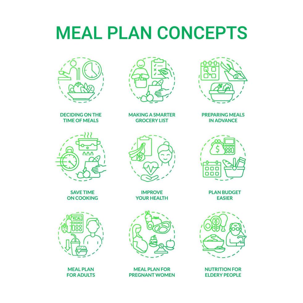 conjunto de ícones de conceito gradiente verde relacionado com plano de refeição vetor