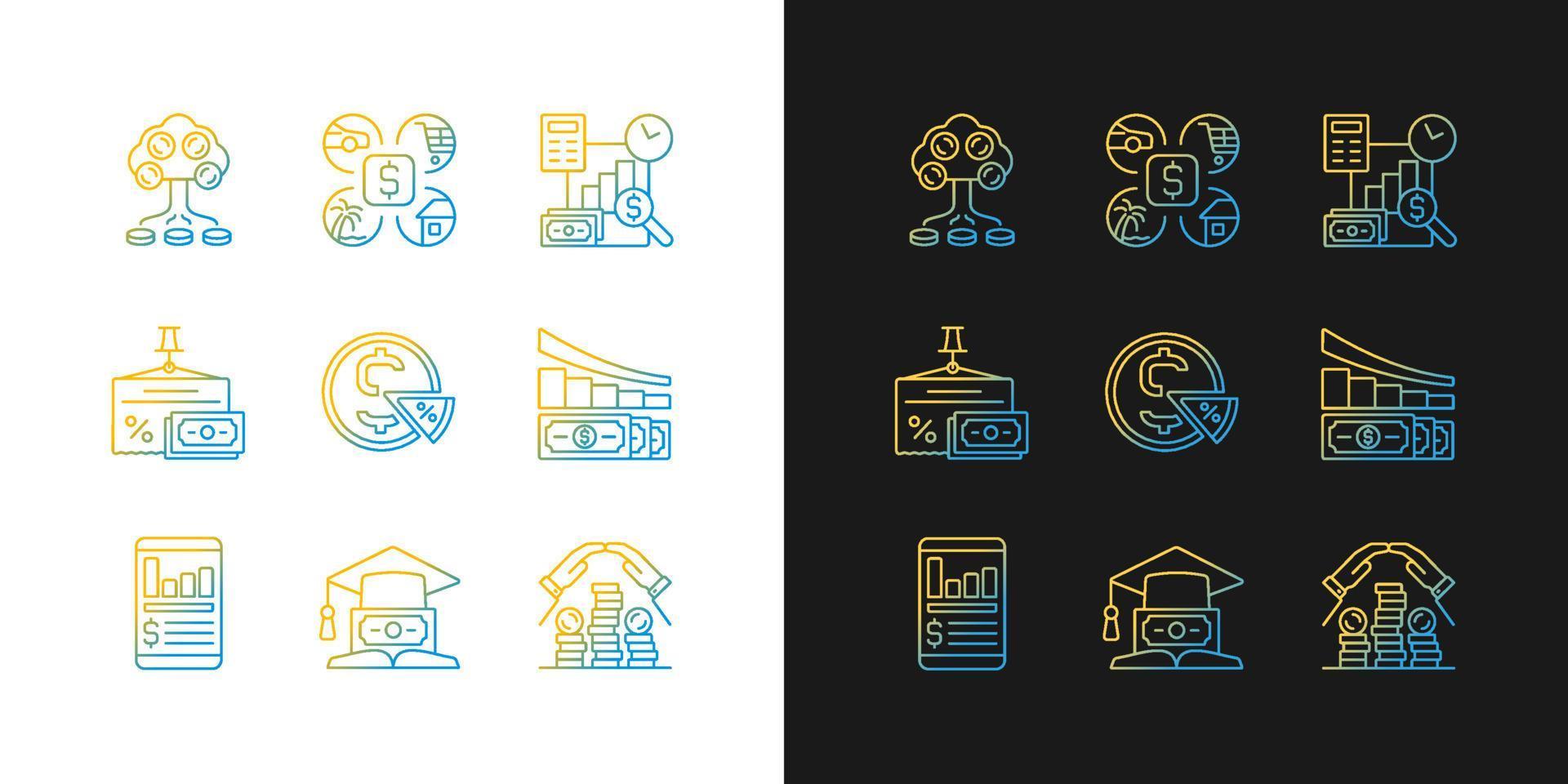 ícones de gradiente financeiro definidos para modo claro e escuro vetor