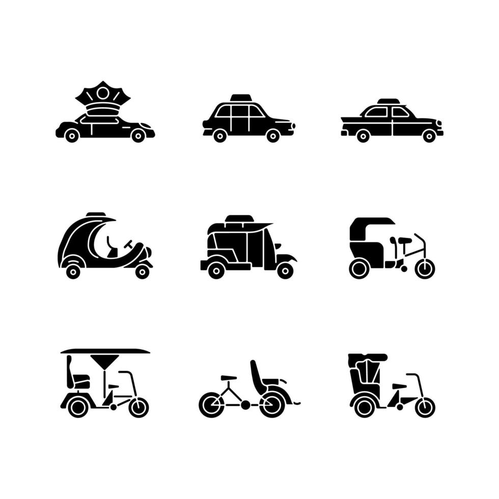 tipos de táxi ícones de glifo preto definidos no espaço em branco vetor