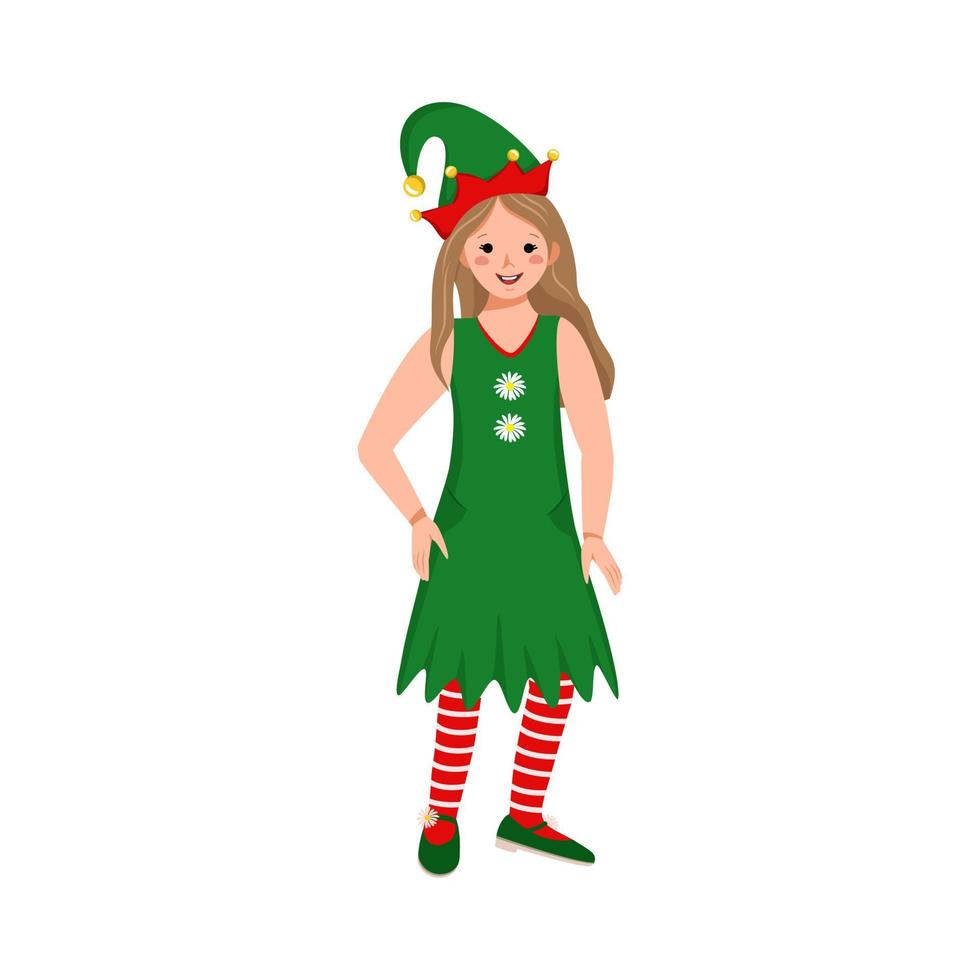 linda garota com rosto feliz e olhos com fantasia de elfo festivo para o natal, ano novo ou feriado vetor