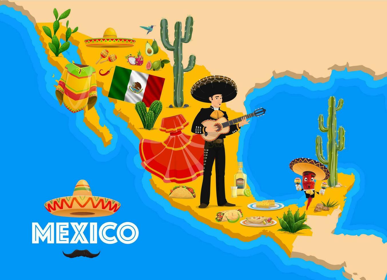 México mapa, nacional personagens, cozinha, frutas vetor
