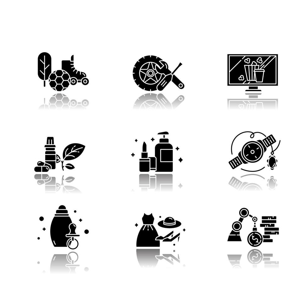 departamentos de comércio eletrônico drop shadow conjunto de ícones de glifo preto vetor