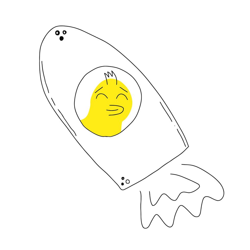 pato amarelo bonito, pato em uma ilustração vetorial de foguete. brinquedo de borracha para crianças. pássaro, rabiscos, desenhados à mão. ilustração vetorial. vetor