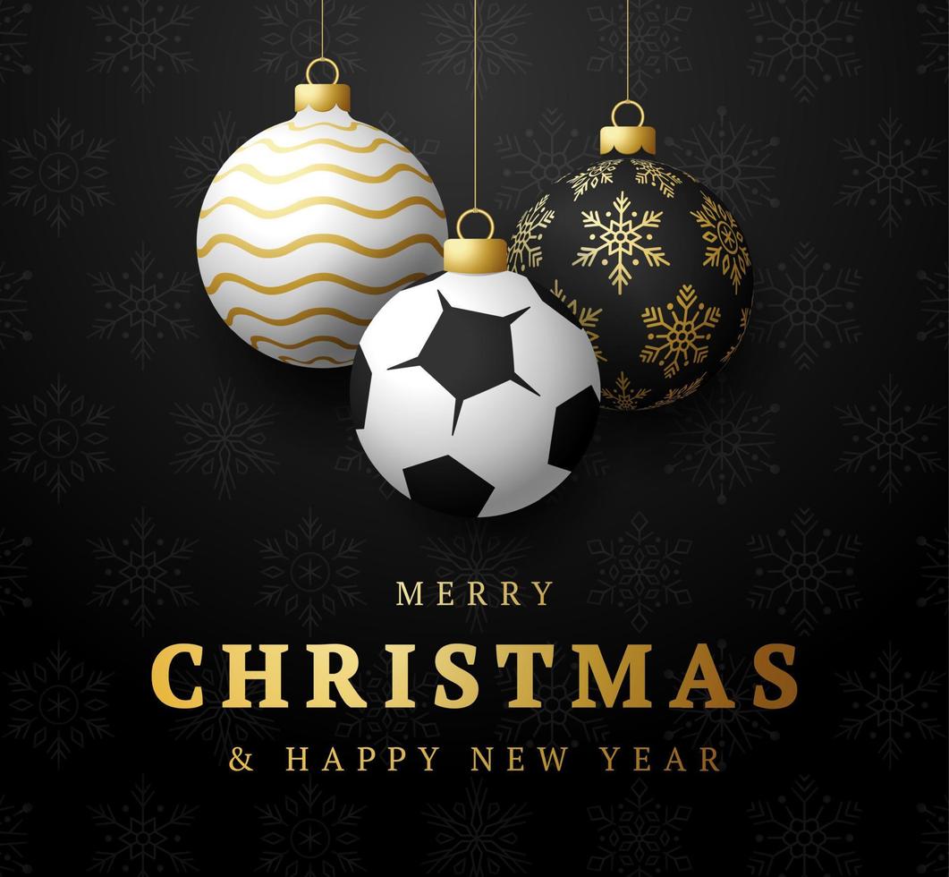 futebol feliz Natal e feliz ano novo cartão de felicitações de esportes de luxo. bola de futebol como uma bola de Natal no fundo. ilustração vetorial. vetor