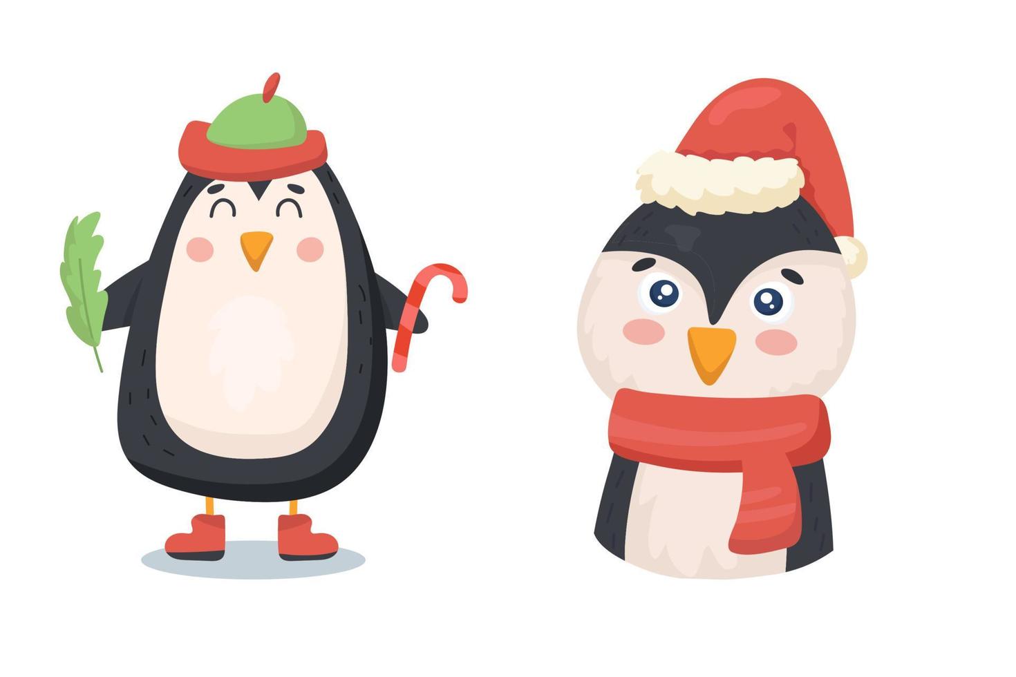 pinguim fofo com roupas de natal e cana-de-açúcar vetor