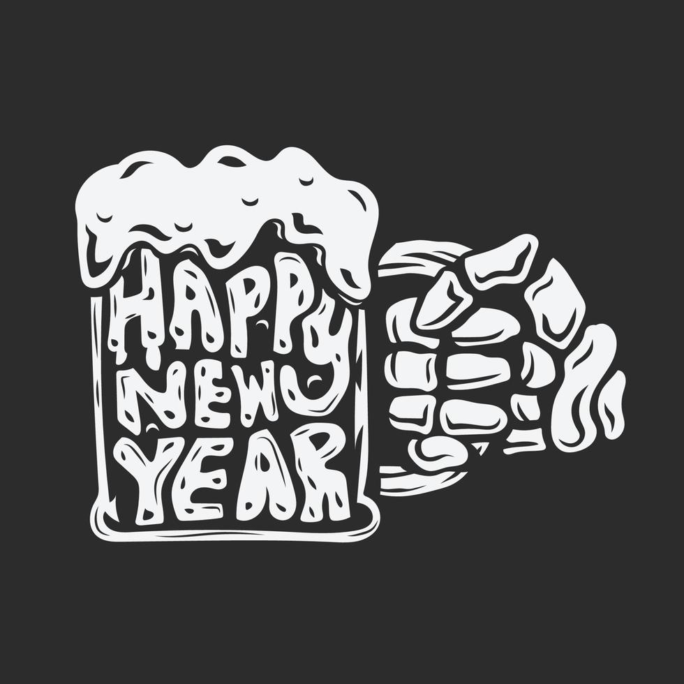mão de caveira segurando copos de cerveja ilustração vetorial feliz ano novo vetor