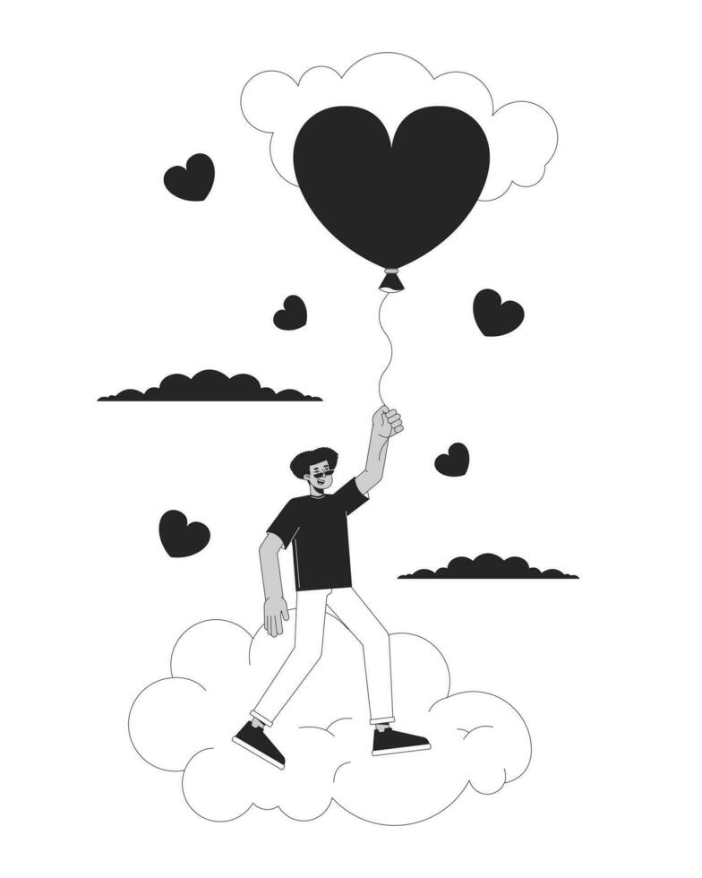 hispânico homem vôo com balão acima nuvens Preto e branco 2d linha desenho animado personagem. nublado coração baloon masculino latim americano isolado vetor esboço pessoa. monocromático plano local ilustração