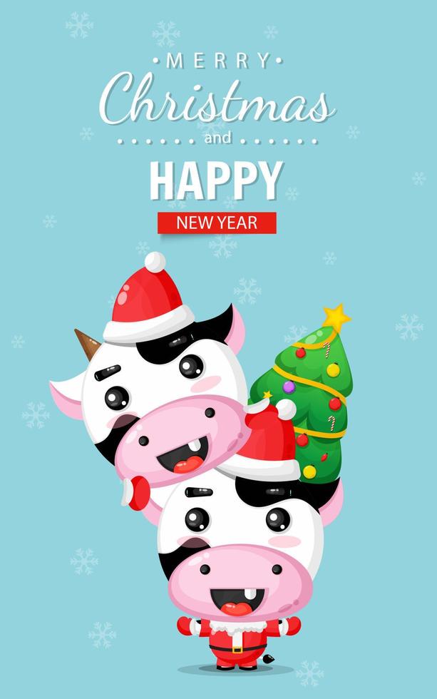 cartão de feliz natal com vaca fofa usando fantasia de natal vetor