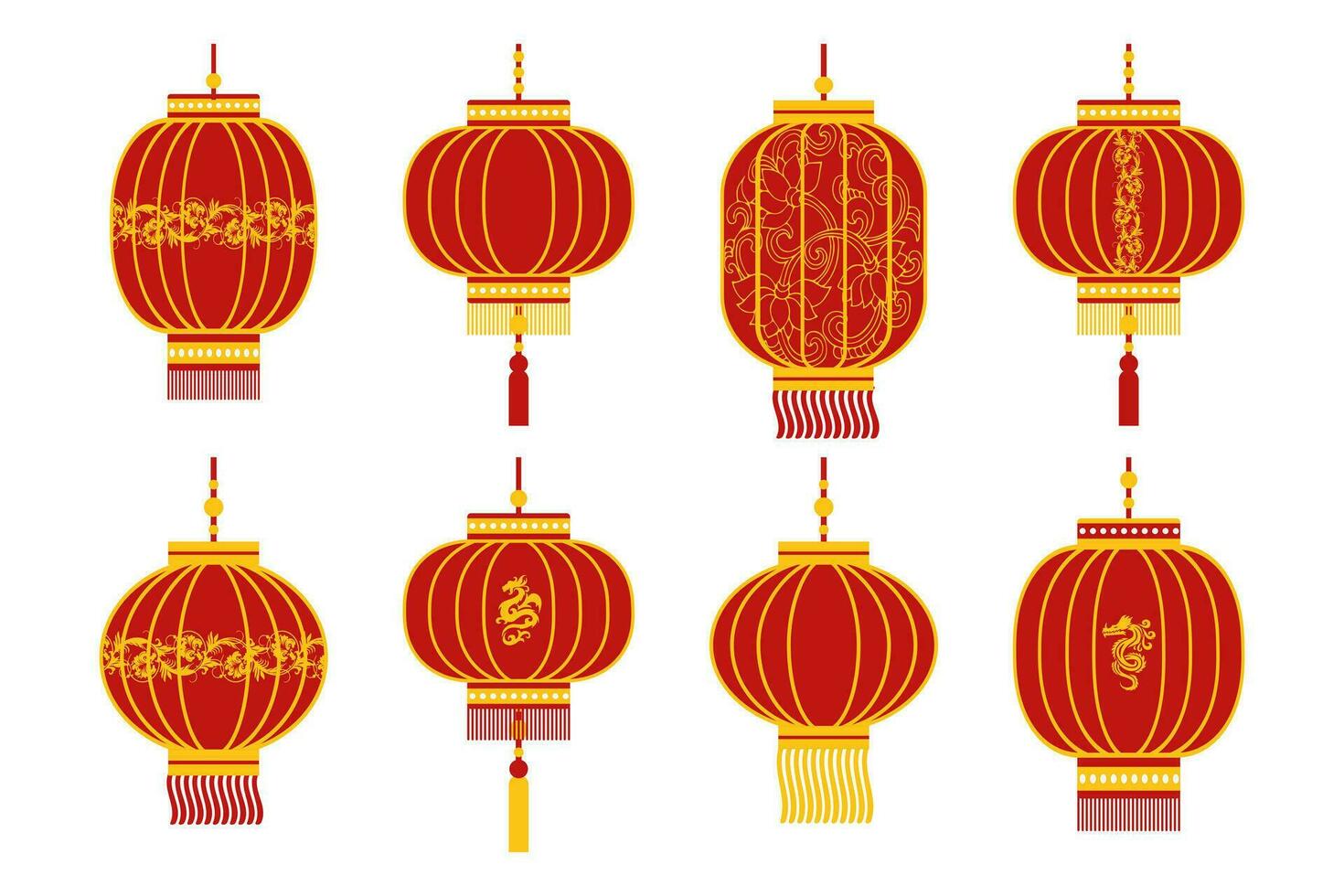 conjunto de lanternas chinesas vermelhas coloridas com dragões dourados e ornamentos. elementos de decoração, vetor