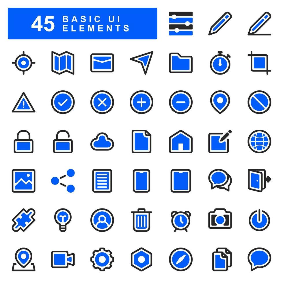 45 básico ui elemento ícones dentro azul preencher estilo, Incluindo lar, aplicativo botões, mapas, tempo, compartilhar e mais. adequado para ui ux Projeto precisa, anúncio, formulários e social meios de comunicação. vetor