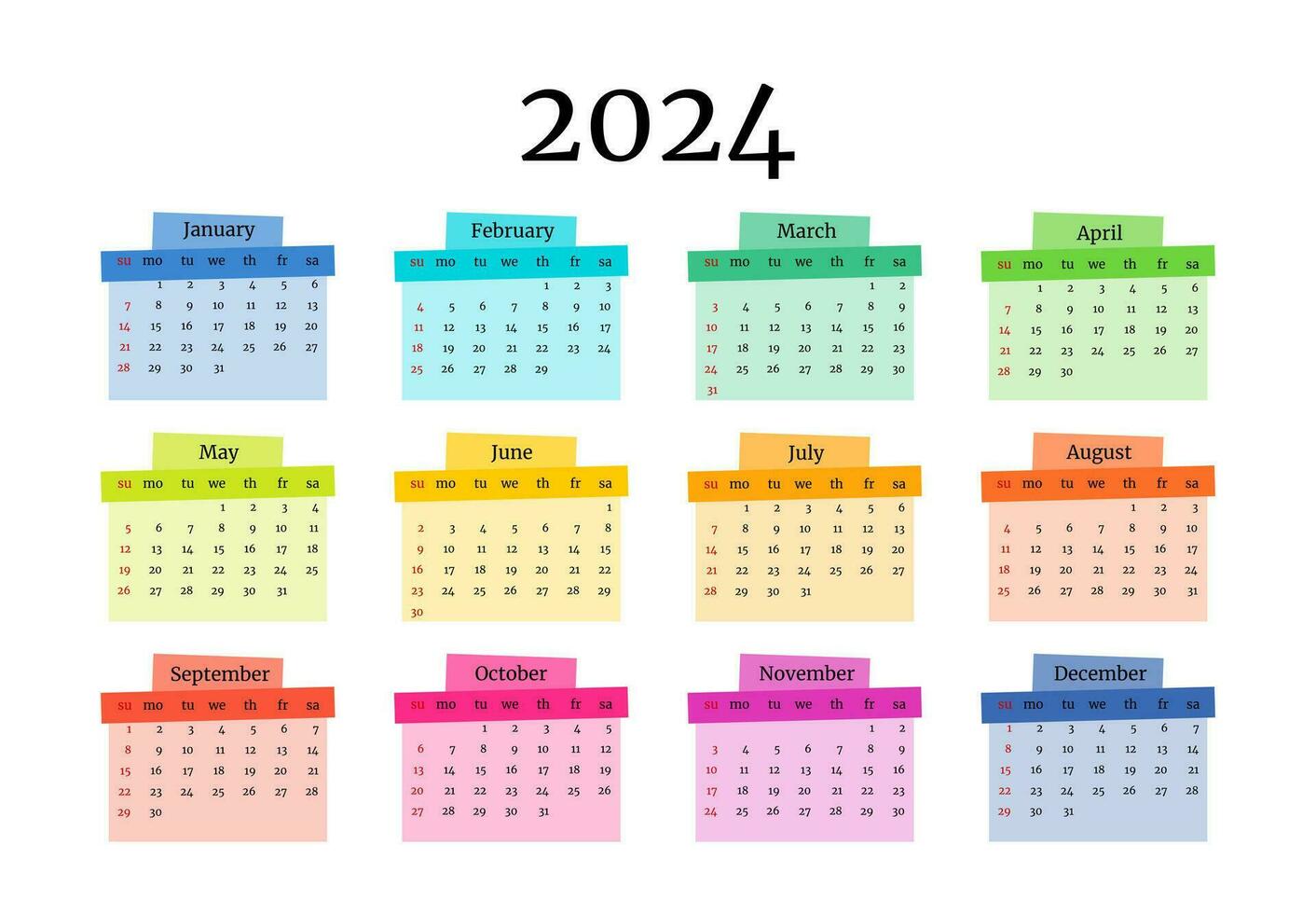 calendário para 2024 isolado em uma branco fundo. domingo para segunda-feira, o negócio modelo. vetor ilustração