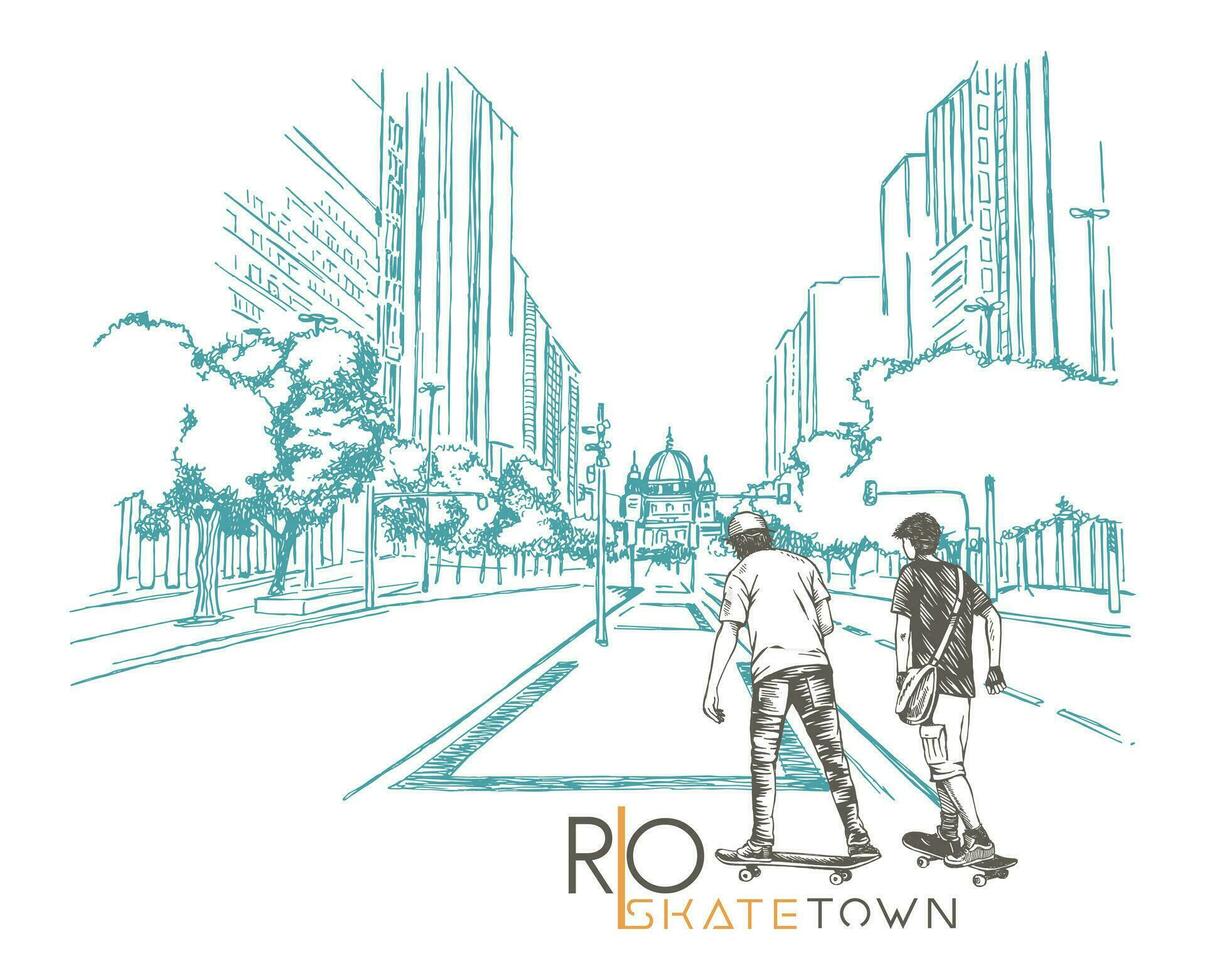 vetor ilustração do rio de janeiro urbano panorama com estilizado patinadores dentro despojado golpes. estilo esboço desenhando com patinadores dentro desenho animado estilo.