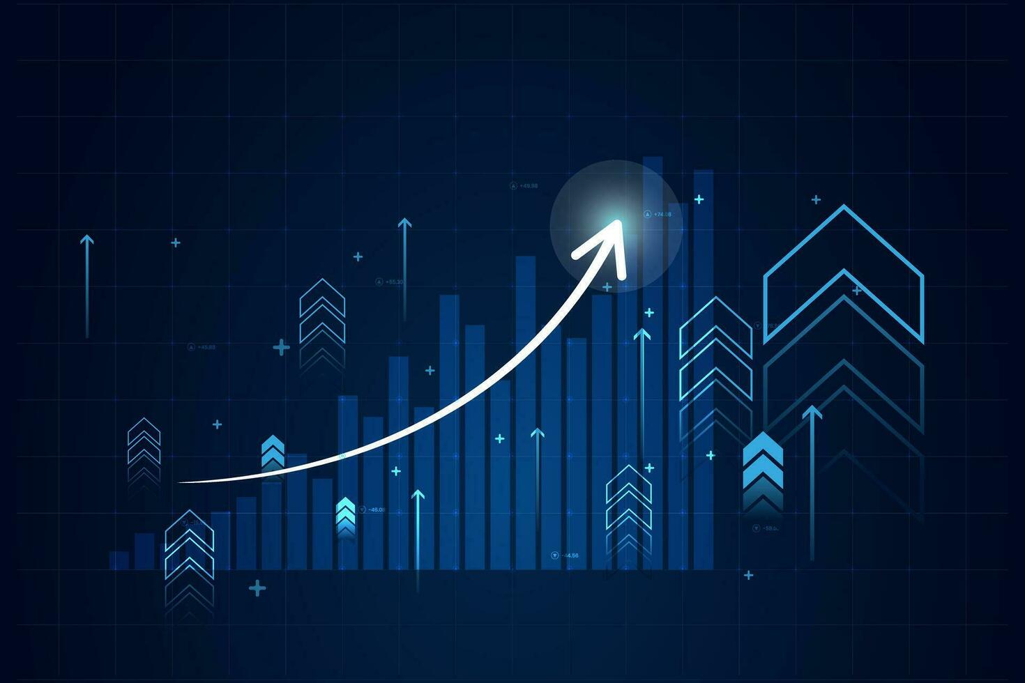 abstrato financeiro gráfico com acima tendência e seta linha gráfico dentro estoque mercado em gradiente Sombrio azul cor fundo vetor