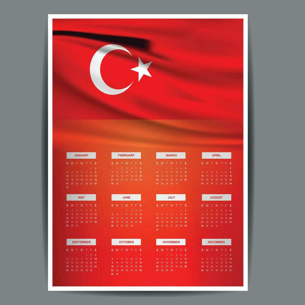 turquiye calendário com uma mês com turquiye bandeira e todos 12 meses com vermelho cor gradiente fundo vetor
