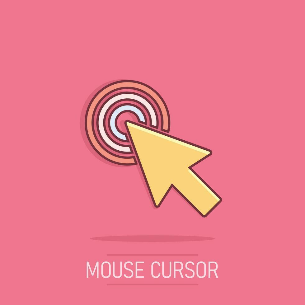 ícone do cursor do mouse de computador em estilo cômico. seta cursor vector cartoon ilustração pictograma. efeito de respingo de conceito de negócio de objetivo de mouse.