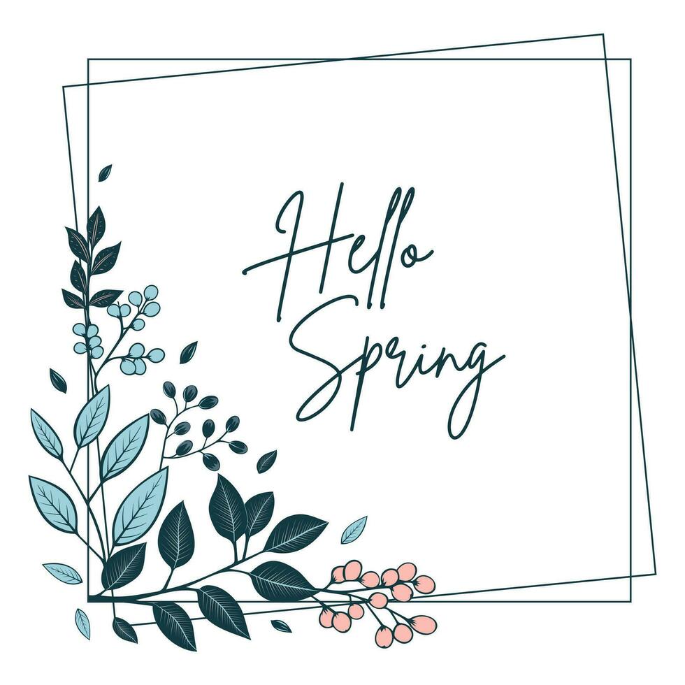 Olá Primavera poster. botânico quadro, Armação com folhas e bagas para convites e cartões. vetor floral guirlanda