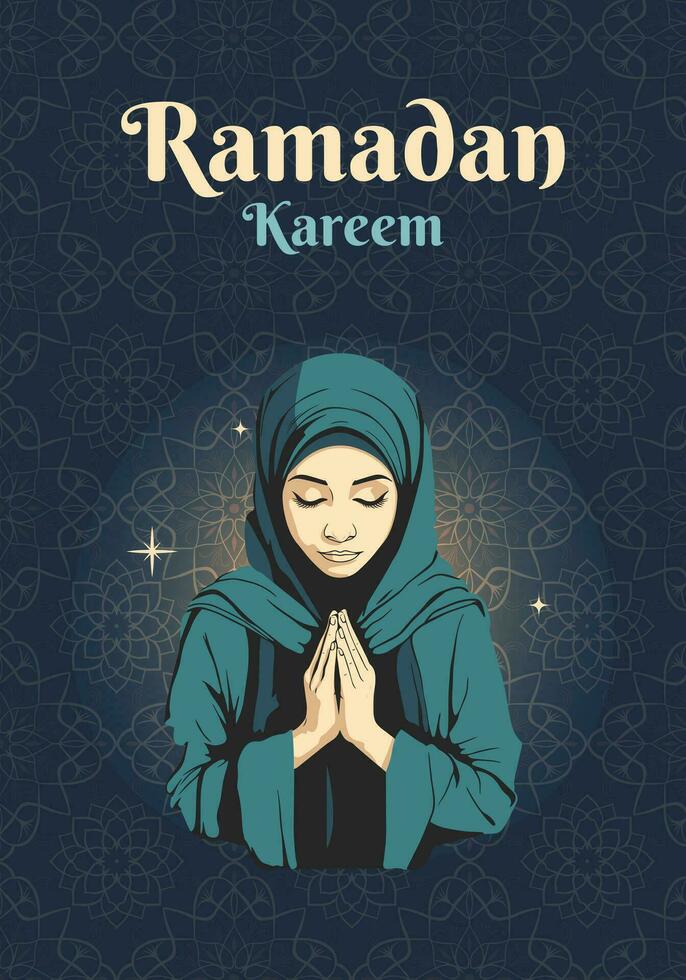 islâmico cumprimento cartão, Ramadã modelo com garota. Ramadã kareem. poster, meios de comunicação bandeira. vetor