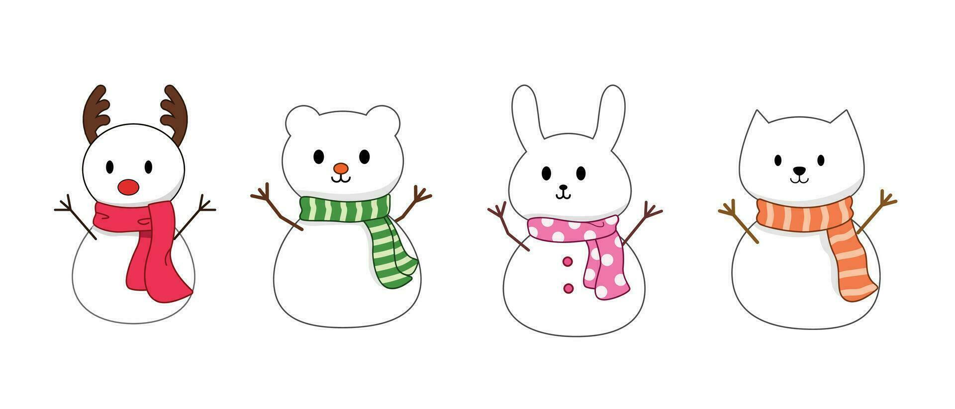 animais boneco de neve desenho animado. rena, coelho, gato, Urso para ilustração e decoração vetor