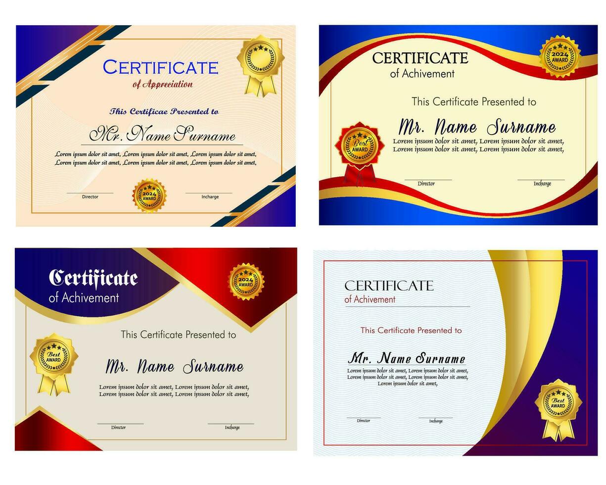 certificado do realização modelo conjunto com ouro crachá e fronteira, apreciação e realização certificado modelo Projeto. elegante diploma certificado modelo vetor