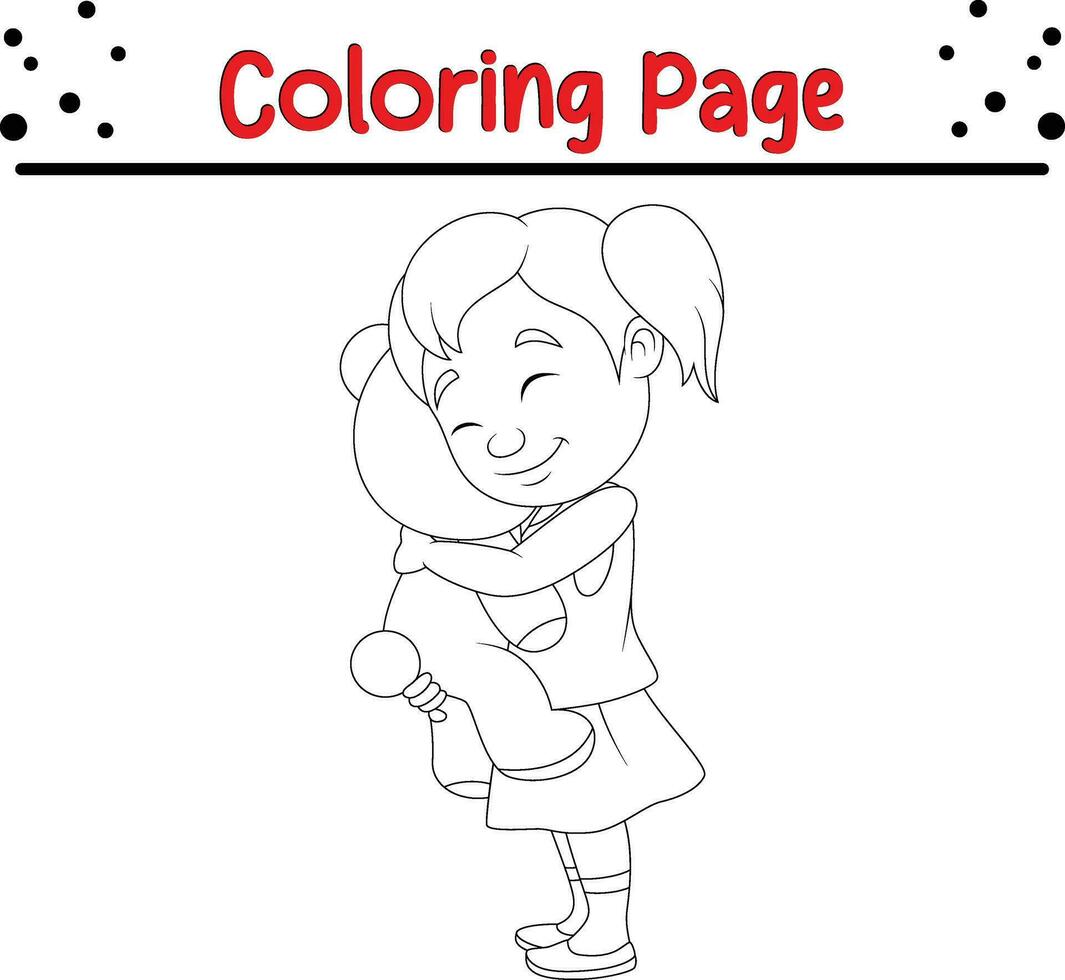 coloração página pequeno menina abraçando Urso de pelúcia Urso vetor