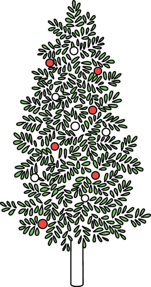fofa desenhado à mão desenho animado Natal árvore adornado com luzes, bugigangas, e estrelas. isto características presentes debaixo a árvore e serve Como uma festivo decoração para Natal e Novo ano celebrações vetor