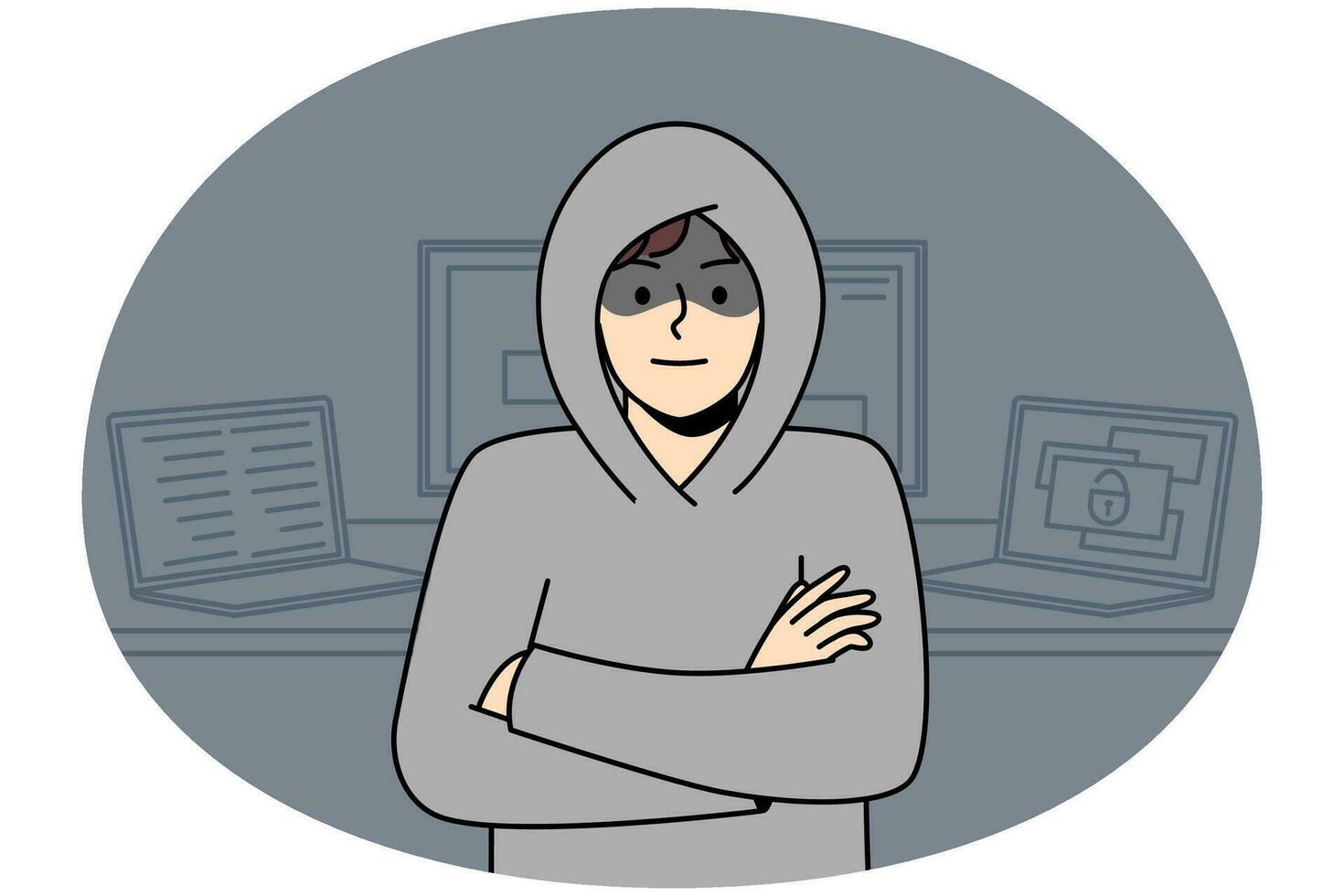 jovem de capuz em pé perto de computadores invadindo o sistema de operações internas. hacker masculino suspeito perto de laptops e gadgets. segurança do dispositivo. ilustração vetorial. vetor