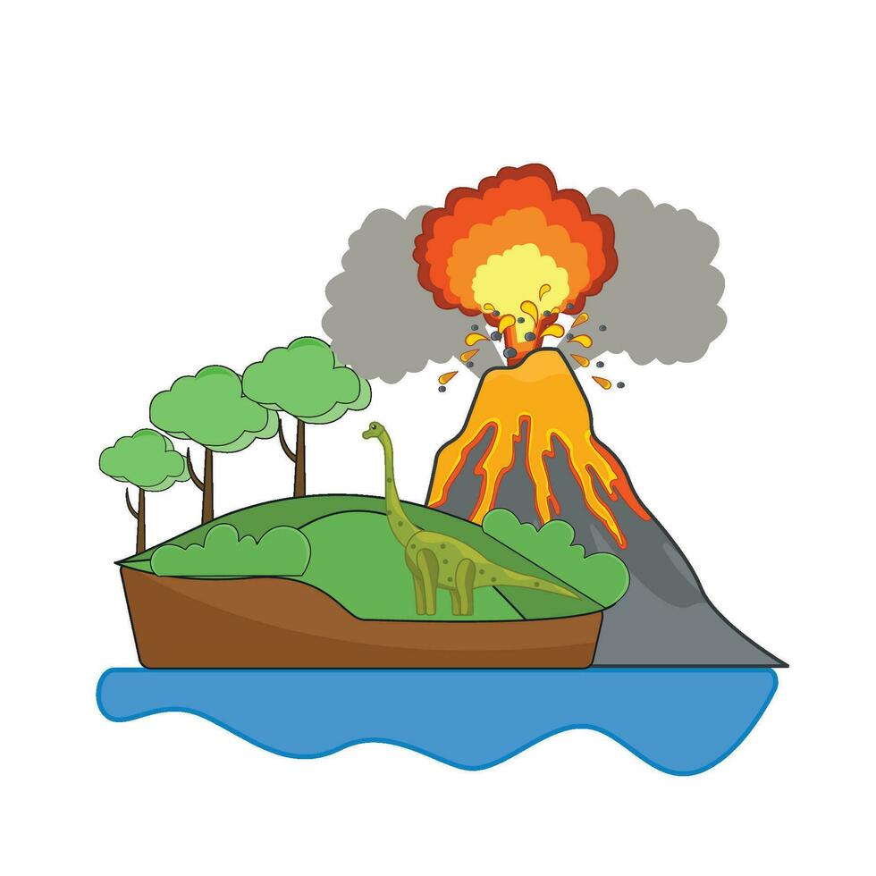 vulcão, dinossauro dentro montanha com mar ilustração vetor