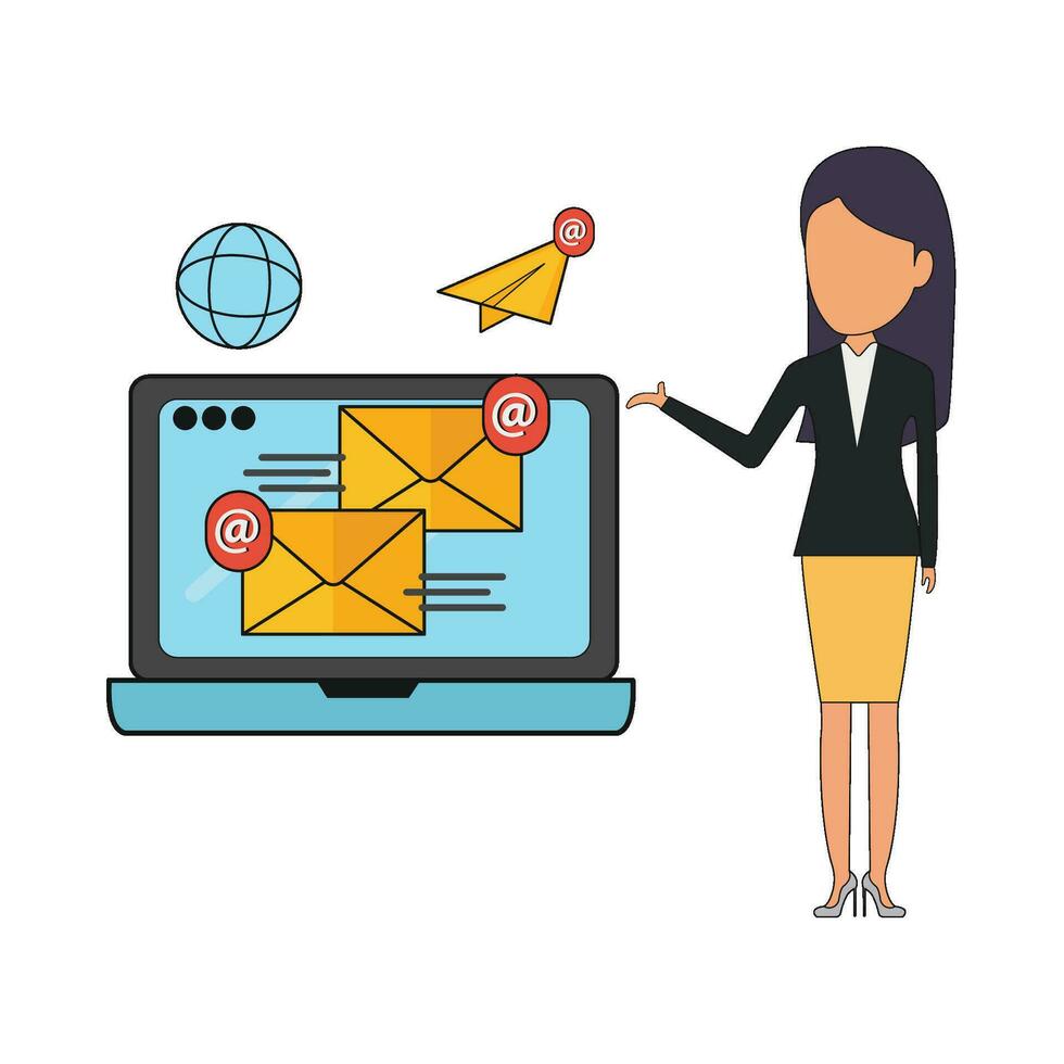 o email marketing dentro computador portátil, mulheres apresentação com Internet ilustração vetor