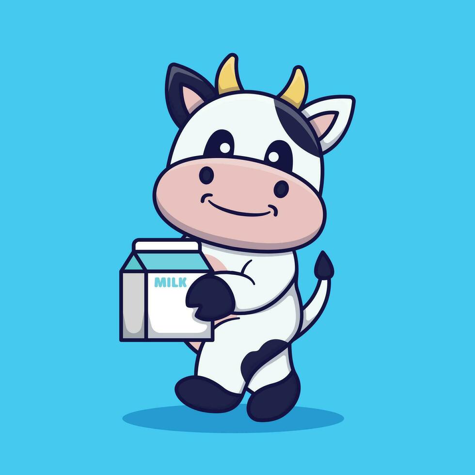 fofa vaca caminhando segurando leite vetor desenho animado ilustração