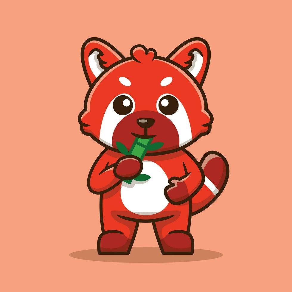 fofa vermelho panda comendo bambu vetor desenho animado ilustração