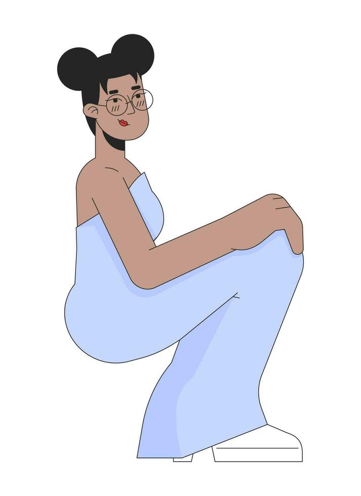 formatura tarde vestem africano americano menina 2d linear desenho animado personagem. tímido sentado Preto fêmea isolado linha vetor pessoa branco fundo. Alto escola graduação festa cor plano local ilustração