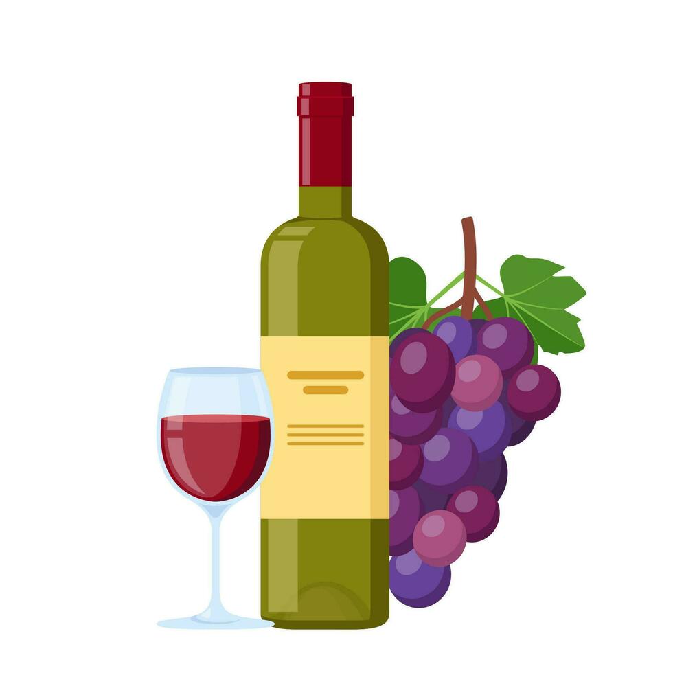 garrafa do vinho com uma vidro e uvas. adega. vetor ilustração.