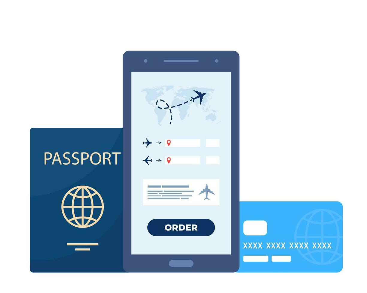 Móvel aplicativo para comprando bilhete com Smartphone. reserva voos viagem. Comprar bilhete on-line. Passaporte e crédito cartão. conectados cadastro. vetor ilustração.