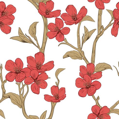 Árvore de florescência. Padrão sem emenda com flores. Textura floral primavera. Mão desenhada ilustração vetorial botânica vetor