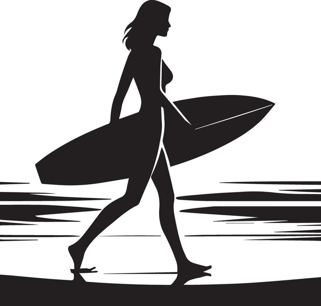 mínimo mulheres surfar vetor silhueta, Preto cor silhueta, branco costas terra 3