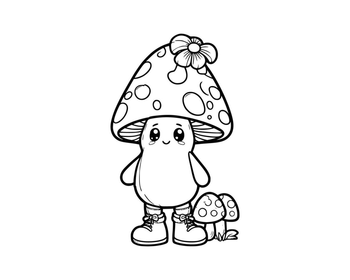 fofa desenho animado personagem do cogumelo para coloração livro. esboço linha arte. imprimível Projeto. isolado branco fundo vetor