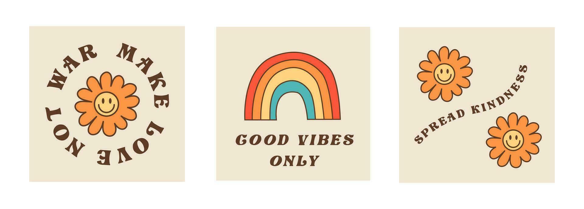 conjunto do quadrado cartões com motivacional e inspirado citações dentro anos 60 Anos 70 anos 80 estilo. hippie cultura frases com arco-íris. margarida flores com hippie texto. vetor plano ilustração.