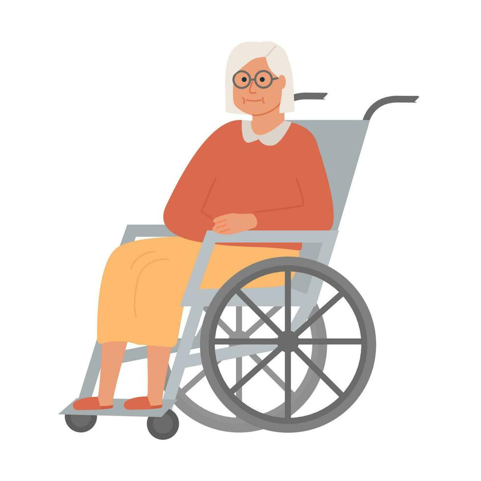 moderno idosos Desativado mulher dentro cadeira de rodas. velho senhora avó personagem em branco fundo. enfermagem lar. Senior mulher assistido vivo às hospital. vetor ilustração.